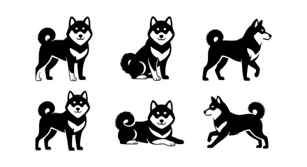 Black Shiba Inu dog vector set, Japanese dog breed silhouettes in various poses, minimalist canine character icons for pet branding and logo design © Sajib