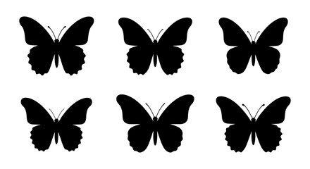 Black butterfly silhouette set, collection of 6 butterfly vector icons, minimalist insect wing shapes for graphic design and nature branding © Sajib