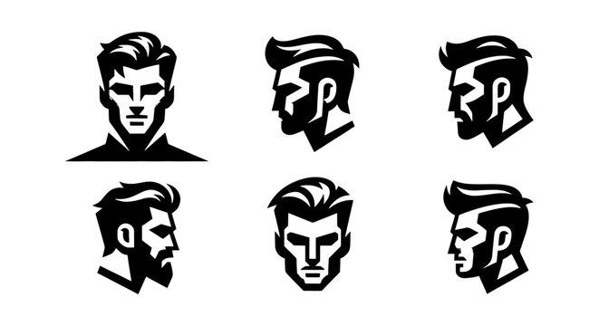 Barbershop logo icons set, masculine male head silhouettes with stylish haircuts and beards, 6 black and white vector avatars for men's grooming