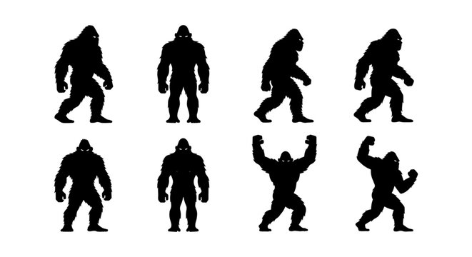 Bigfoot silhouette collection, set of 8 mythical sasquatch vector icons, black yeti creature poses, legendary forest monster character silhouettes