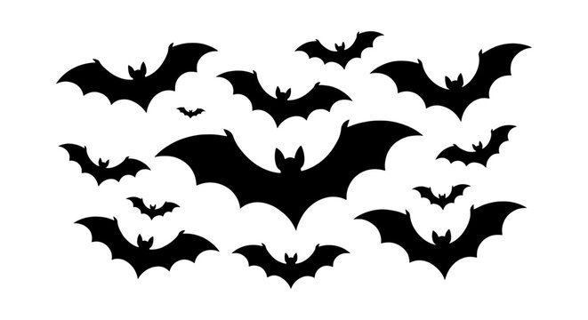 Halloween bat silhouettes set, black flying bats collection, spooky animal icons for gothic design, 12 vector elements for holiday decor