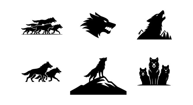 Wolf silhouette logo collection, 6 black wolf icons and wild animal symbols, howling wolf pack on mountain peak, predator mascot vector set