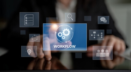 Fototapeta premium Workflow optimization concept featuring interconnected gears, task management, collaboration, process mapping, review, and automation for business productivity and efficiency Latch
