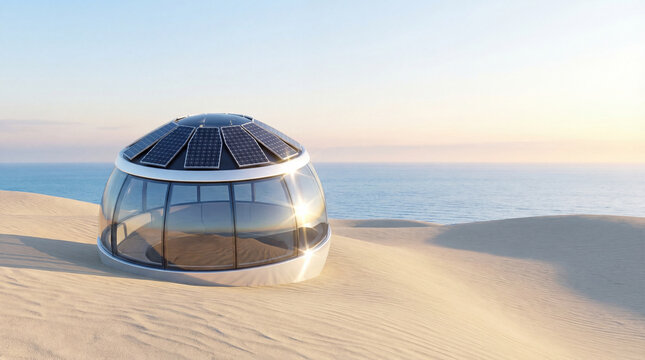 Pod futuristic desert modern spheroid glass home with solar panels on a sandy dune overlooking the blue ocean under a clear sky