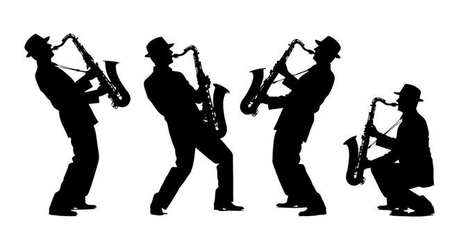 Jazz saxophone player silhouettes in various poses, musician playing sax vector set, black man with hat and brass instrument icons