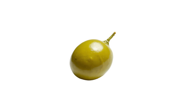 Olive green fruit Green olive with small stem is isolated on a transparent background for Mediterranean food marketing