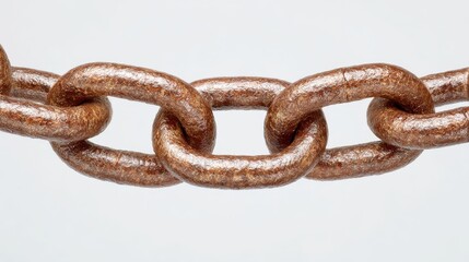 Fototapeta premium A heavy, rusted metal chain stretched horizontally against a neutral light gray background, symbolizing strength, connection, and industrial durability.