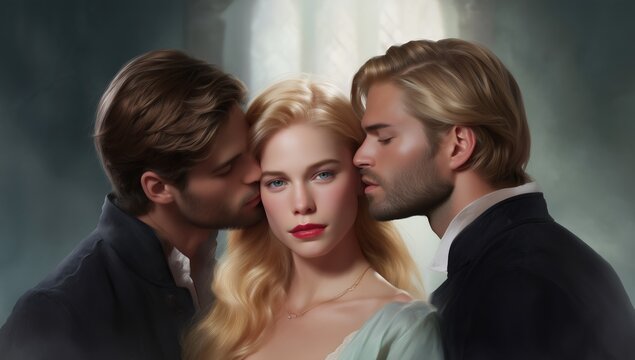 Beautiful young woman in soft light receiving kisses on both cheeks from two handsome men, symbolizing a classic love triangle, romance, and complex emotional bonds
