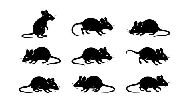 Black mouse silhouette set, collection of 9 rodent vector icons, small rat silhouettes in various poses, minimalist animal graphics for design