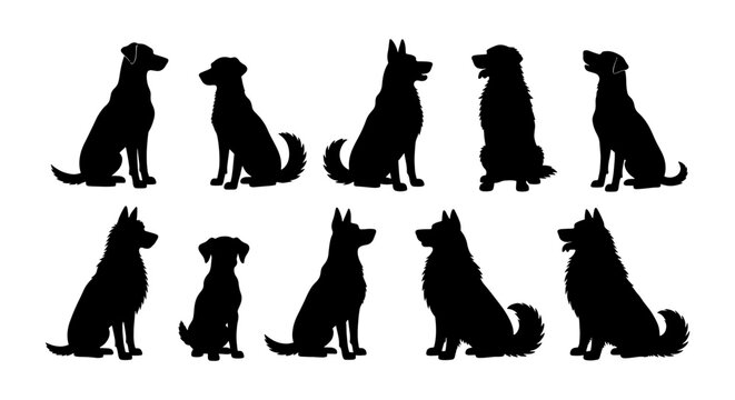Black dog silhouette collection, set of 10 sitting canine vector icons, various dog breeds in profile view, isolated domestic pet animal shapes