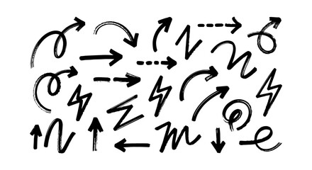 Hand drawn arrow set with black ink brush strokes, collection of 22 sketchy pointer icons and lightning bolts, decorative doodle vector elements © Shahida