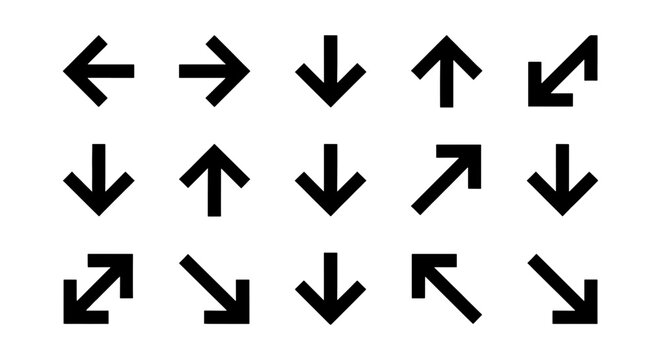 Minimalist black arrow icons set, 15 vector direction symbols for navigation, geometric pointer signs for web interface and app design
