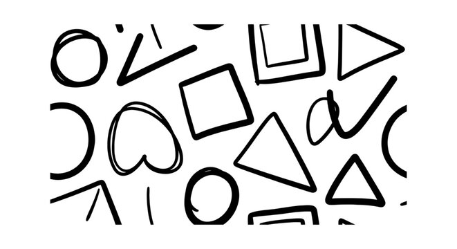 Hand drawn geometric pattern vector, black ink doodle shapes on white background, abstract seamless texture with circles and triangles