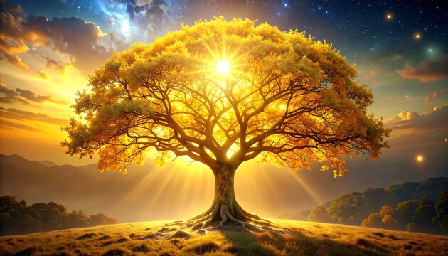 Golden sunburst through tree, light rays extending to a misty field under a partly cloudy, colorful cosmic sky