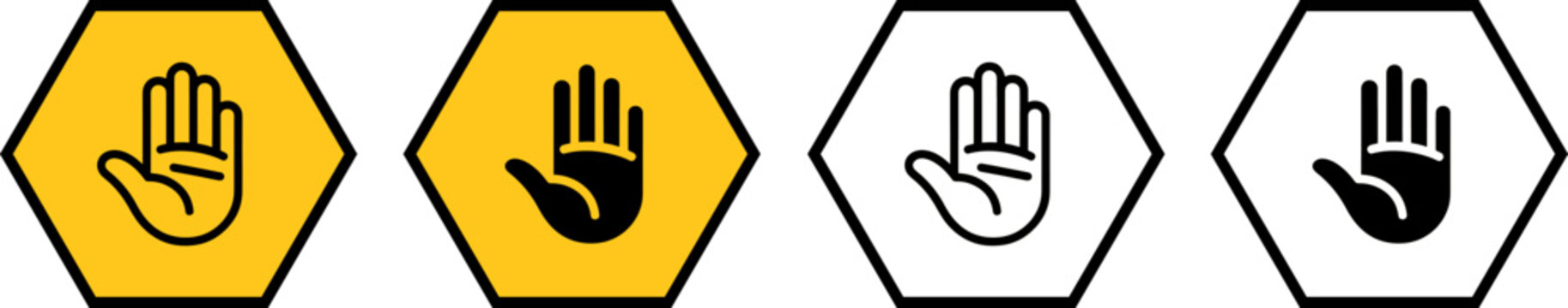 Four hand signal icons with different colors and styles for safety or instructional purposes