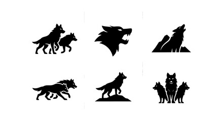 Fototapeta premium Wolf silhouette vector set, black predator icons for logo design, howling and running wild wolf pack illustrations, 6 animal graphic elements