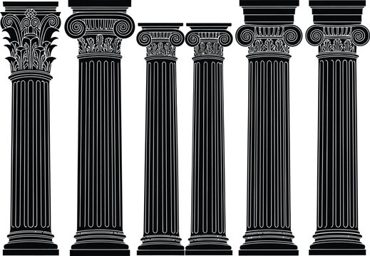 Collection of black and white classical architectural columns with ornate capitals and fluted shafts
