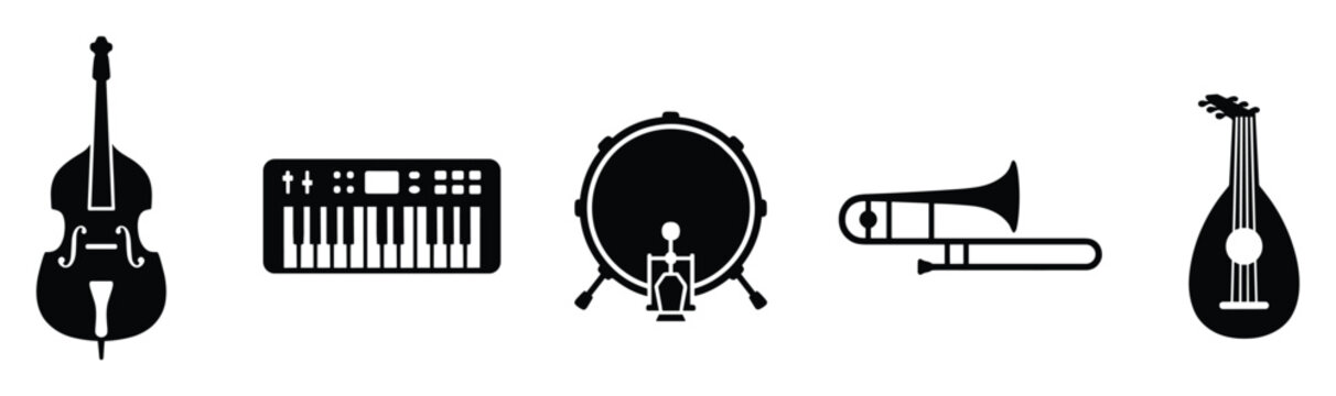 Various musical instruments including a double bass, electronic keyboard, bass drum, trombone, and lute ideal for music education, entertainment graphics, or themed presentations