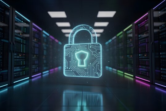 Cybersecurity Protection Concept with Digital Padlock in Data Center Server Room and Secure Network Technology. 