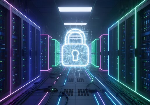 Cybersecurity Data Protection Concept with Digital Padlock in Server Room and Secure Network Infrastructure. 