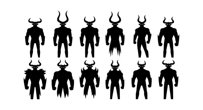 Demonic warrior silhouettes set, 12 horned devil character icons, black fantasy monster figures for gaming and horror design, mythical creature vector