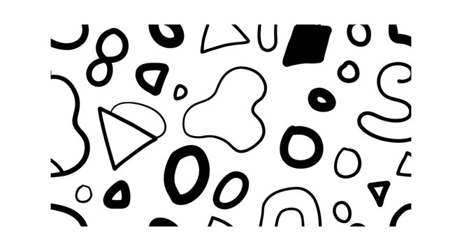 Hand drawn abstract seamless pattern, black and white doodle background, organic geometric shapes vector, minimalist artistic texture for textile