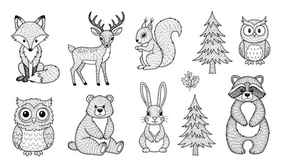Obraz premium Forest wildlife animals and pine trees line art collection perfect for educational materials childrens books and nature themed graphic designs