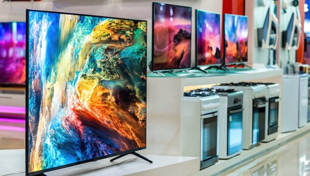 Modern flat-screen TVs and kitchen appliances are displayed in a bright electronics store showroom.