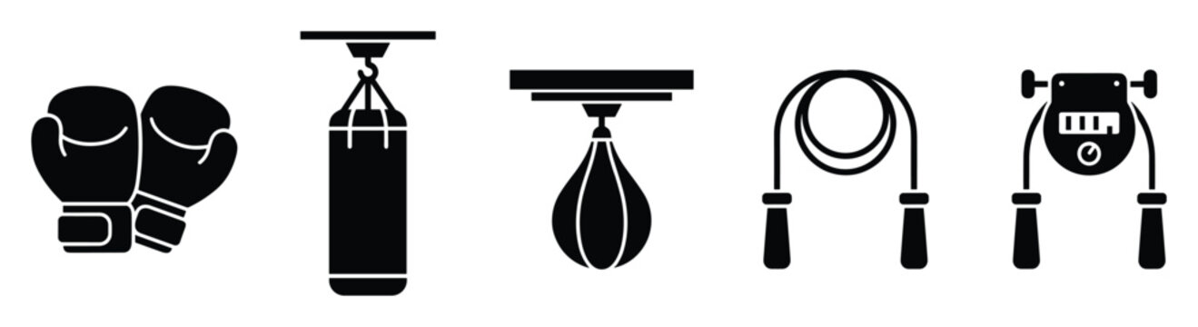 Essential boxing and fitness equipment displayed as black glyph icons, perfect for athletic workout program guides and sports training website graphics