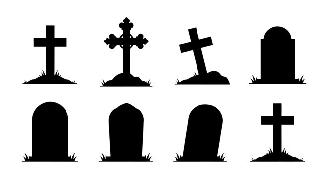 Cemetery headstone silhouettes set, 8 graveyard tombstone icons with crosses, spooky halloween burial ground vector elements for design