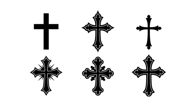 Gothic Christian cross icons set, 6 black religious crucifix vector elements, ornate medieval church symbols for tattoo and graphic design