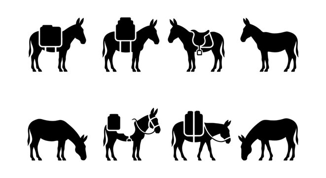 Donkey silhouette icon set, pack animal carrying luggage and cargo, 8 vector elements of mules and burros for farming and travel logistics
