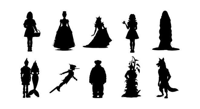 Fairytale character silhouettes set, 10 fantasy storybook vector icons, black princess and mythical creature shapes for children book design