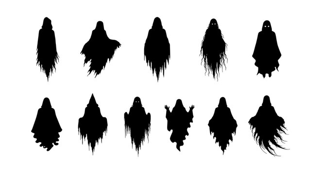 Spooky ghost silhouette collection, 11 dark phantom vector icons, creepy halloween spirit characters, tattered flying wraith shapes for horror designs