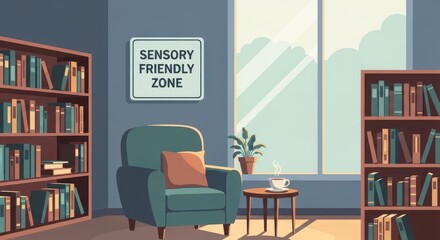 Fototapeta premium a sensory friendly zone with a chair and bookshelves and a window calming atmosphere cozy reading no
