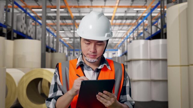 Front View of Asian Male Engineer Taking Note on Tablet While Walking at Warehouse with Rows of Stacked White Polymer and Paper Rolls