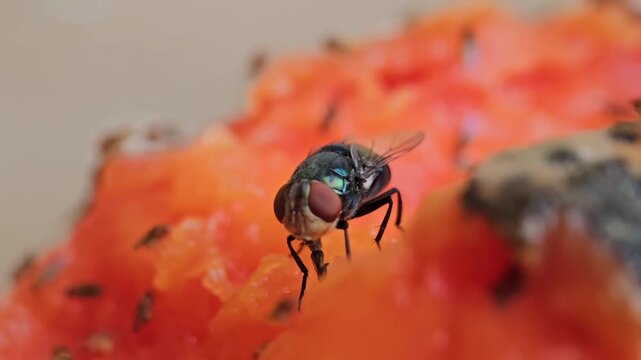 Fly Feeding on Rotten Papaya Fruit Macro Close Up with Multiple Flies