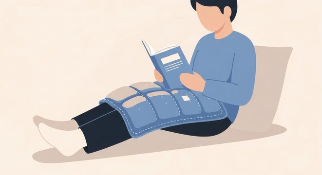 a man sitting on a couch with a tablet and a leg compression device on relaxation therapy leg compre