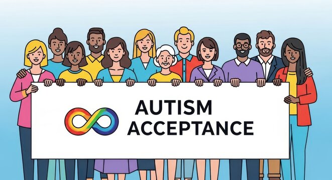 Autism acceptance concept with diverse people holding a sign with autism symbol autism awareness acc