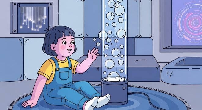 a cartoon girl sitting on the floor playing with a bubble machine little girl child playing bubble m