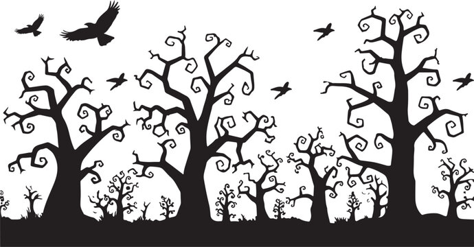 A haunting panoramic silhouette of gnarled, leafless trees with birds circling above, a clean, black-on-white aesthetic.