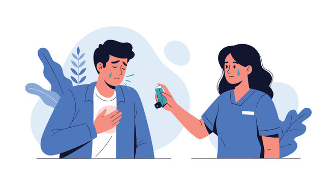 Medical nurse providing assistance to a sick man suffering from an asthma attack using a blue plastic inhaler device.