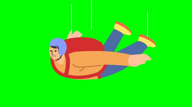 2D flat design animation of a male skydiver freefalling with speed lines, green screen chroma key background