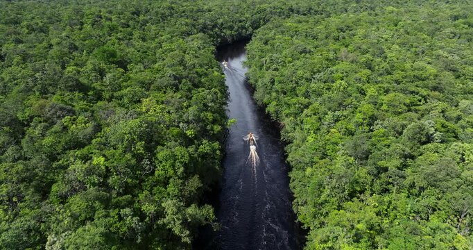 Tourists On Motorboat Cruising On Churun River Through Dense Green Rainforest In Canaima National Park, Venezuela. aerial tracking shot