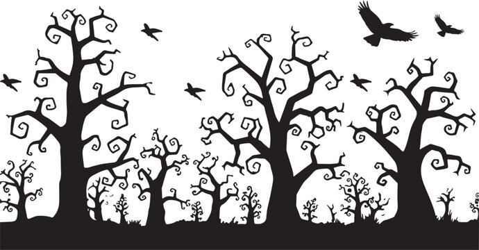 A haunting panoramic silhouette of gnarled, leafless trees with birds circling above, a clean, black-on-white aesthetic.