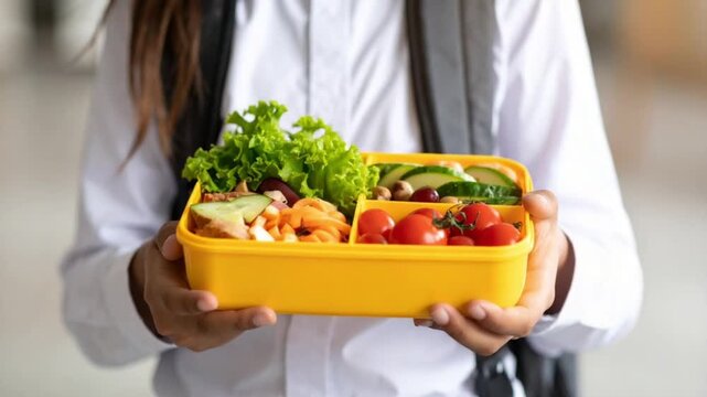 Student holding a vibrant healthy bento box lunch with fresh vegetables