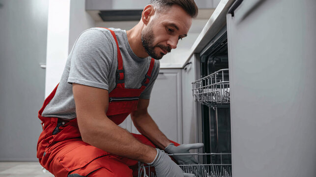 Caucasian male repairman fixing dishwasher in modern kitchen Professional technician wearing red overalls and gloves performing appliance maintenance, repair, and service Concept of home improvement a