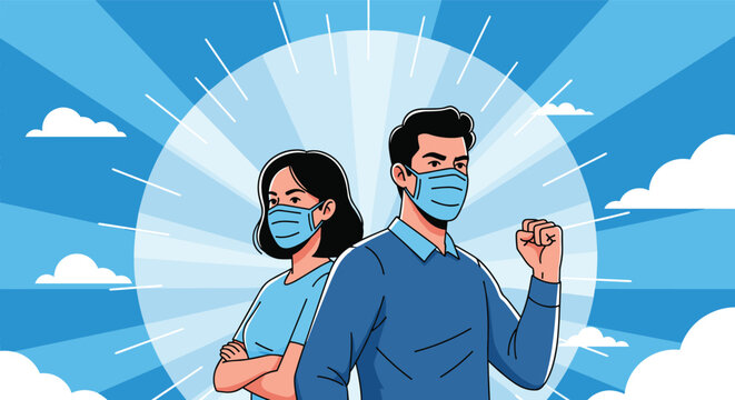Courageous man and woman wearing protective face masks standing against a radiant blue sky with bright white clouds.