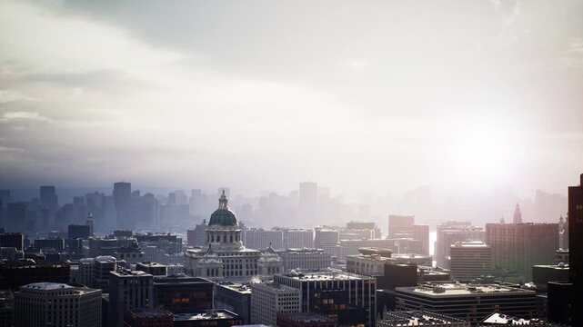 sunlit skyline with domed building, soft morning haze, warm backlight, layered skyscrapers receding into mist, subtle lens flare, rooftop details and street