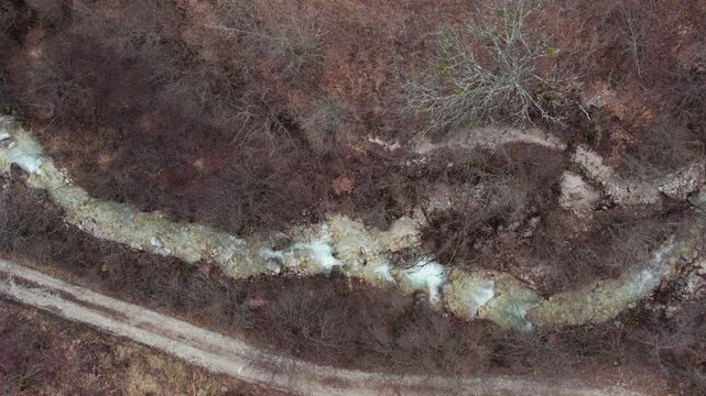 Top down aerial view of a winding river flowing through forest terrain, abstract natural pattern landscape with textured earth and seasonal colors.